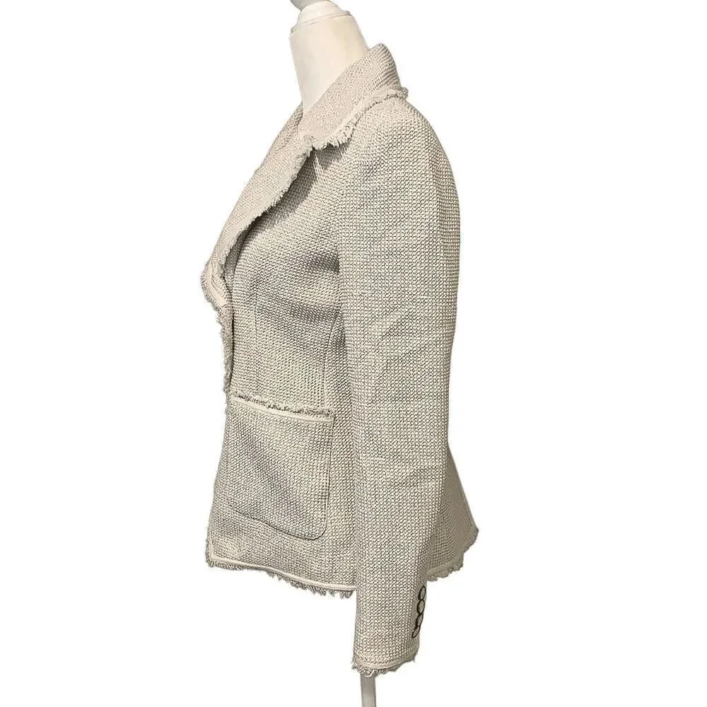 Veronica Beard Carroll Tweed Blazer Jacket Size 0 White Silver Fringe Trim - Picture 6 of 12